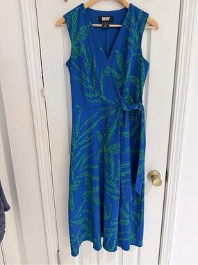 DKNY Blue and Green Sleeveless Wrap Midi Dress